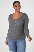 Women's Ribbed Knit Henley Top in Heather Grey, 3X