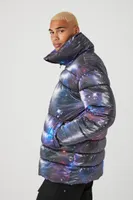 Men Galaxy Print Puffer Jacket in Grey, XL