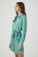 Women's Satin Tie-Waist Mini Shirt Dress in Stone Blue Small