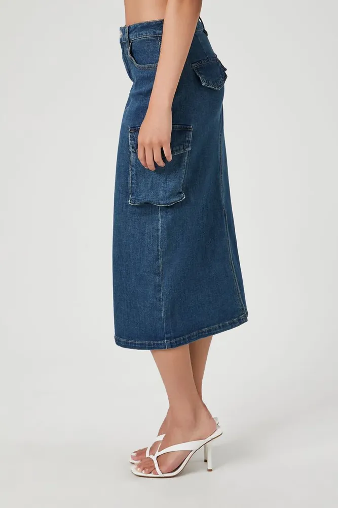 Women's Denim Cargo Midi Skirt in Medium Denim Small