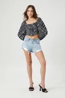 Women's Ornate Print Peasant-Sleeve Crop Top