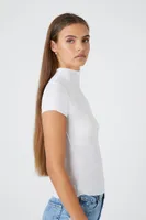 Women's Ribbed Lettuce-Edge Mock Neck T-Shirt in White Medium