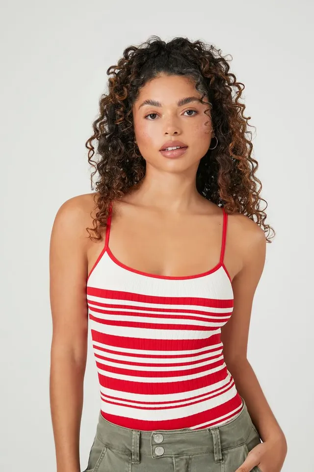 Forever 21 Women's Seamless Striped Cami Bodysuit Fiery Red