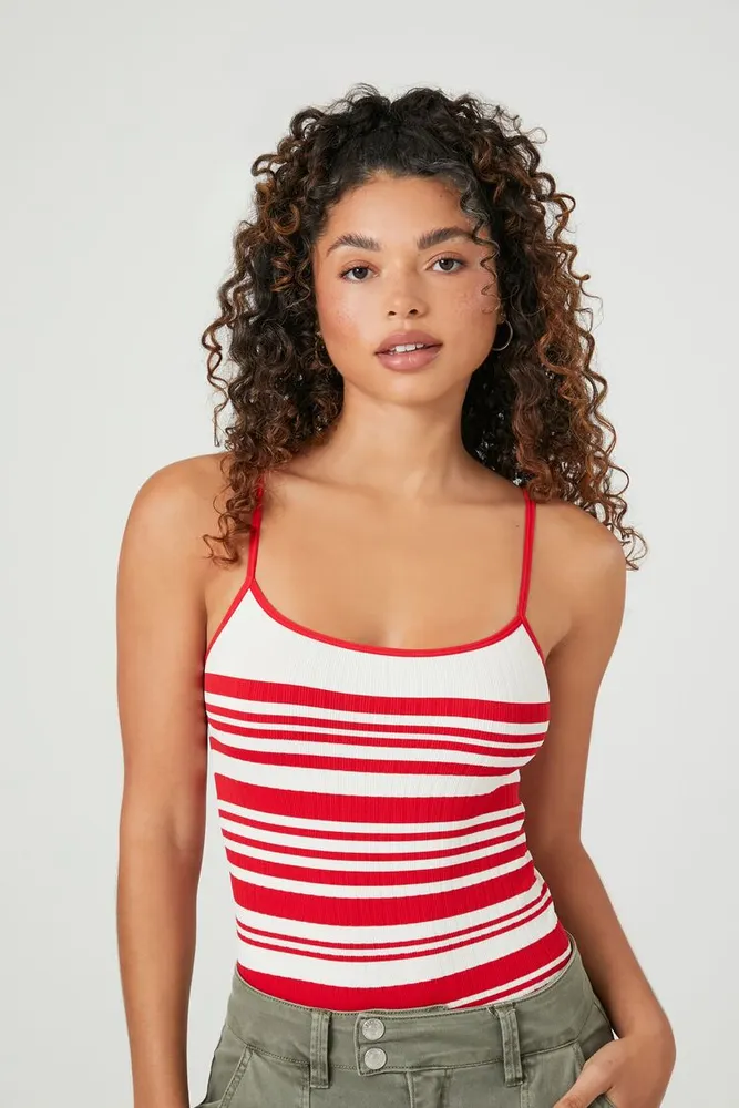Forever 21 Women's Seamless Striped Cami Bodysuit in Fiery Red/Vanilla, XS