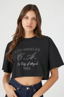 Women's Rhinestone Los Angeles Cropped T-Shirt in Black/Silver Large