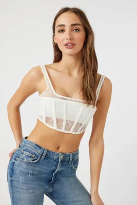 Women's Sheer Lace Corset Crop Top in White, XL