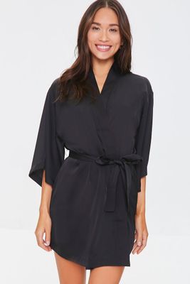 Women's Belted Satin Robe in Black Medium