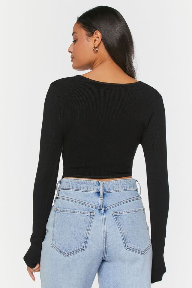 Women's Ribbed Sweater-Knit Crop Top in Black, XS