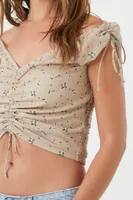 Women's Floral Off-the-Shoulder Crop Top in Tan Large