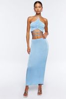 Women's Slinky Halter Top & Maxi Skirt Set in Light Blue Large