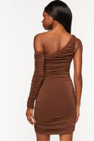 Women's Ruched One-Shoulder Mini Dress in Brown Small