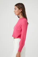 Women's Cropped Rib-Knit Sweater in Magenta Medium