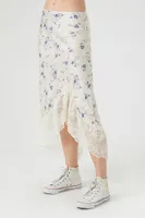 Women's Satin Floral Print Midi Skirt in Ivory Small