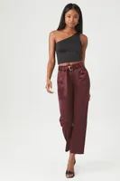 Women's Satin Belted Straight-Leg Pants in Wine Medium