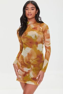 Women's Mesh Watercolor Print Dress in Tan Small