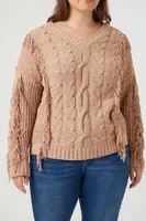 Women's Cable Knit Fringe Sweater in Tan, 1X