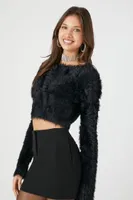 Women's Fuzzy Knit Cropped Sweater in Black Large