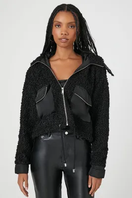 Women's Faux Shearling Zip-Up Hoodie Black