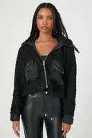 Women's Faux Shearling Zip-Up Hoodie in Black Large