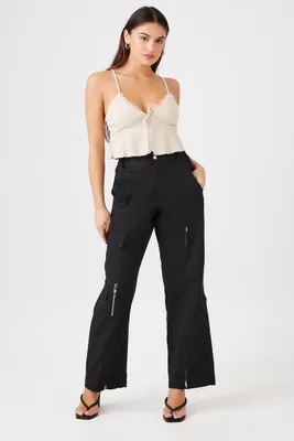 Women's Zipper Wide-Leg Cargo Pants in Black, XS