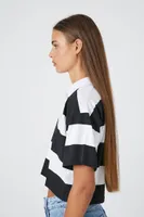 Women's Cropped Striped Polo Shirt in Black/White Small