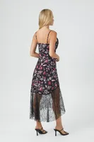 Women's Ditsy Floral Midi Slip Dress in Black/Pink Large