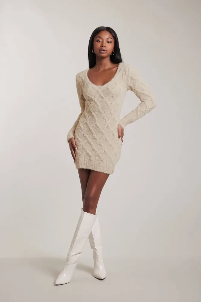 Women's Fuzzy Knit Sweater Mini Dress in Light Grey Large