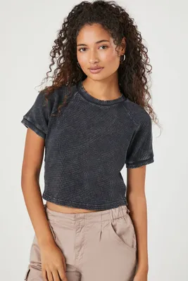Women's Waffle Knit Cropped T-Shirt in Black Medium