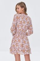 Women's Floral Print Peasant Sleeve Dress in Taupe Small