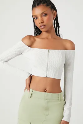 Women's Ribbed Off-the-Shoulder Crop Top in Silver, XL