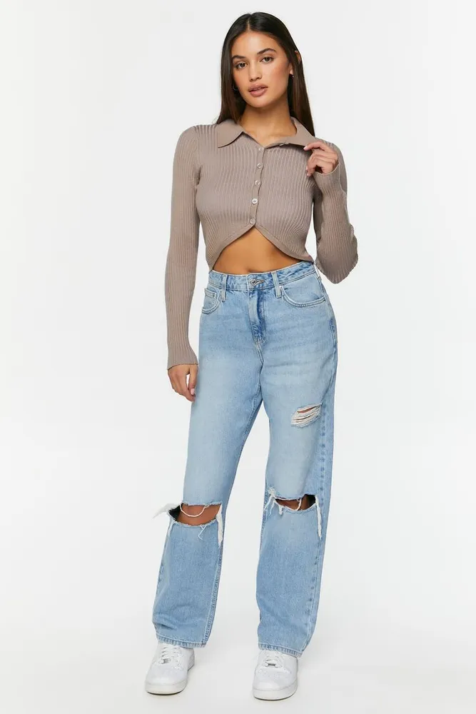 Women's Collared Rib-Knit Cardigan Sweater in Castlerock Small