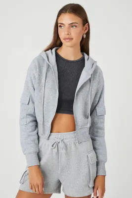 Women's Flap-Pocket Fleece Zip-Up Hoodie in Heather Grey Large