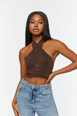 Women's Glitter Knit Halter Crop Top in Bronze/Black Large