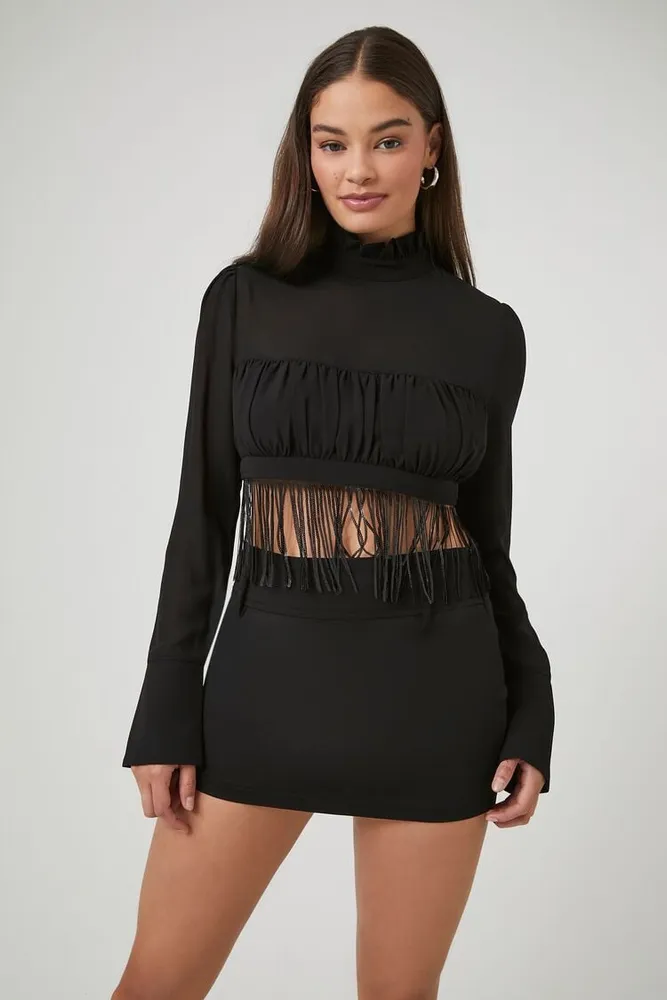 Women's Fringe Mock Neck Crop Top in Black Medium