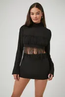 Women's Fringe Mock Neck Crop Top in Black Small