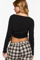 Women's Ruched Drawstring Long-Sleeve Crop Top in Black, XL