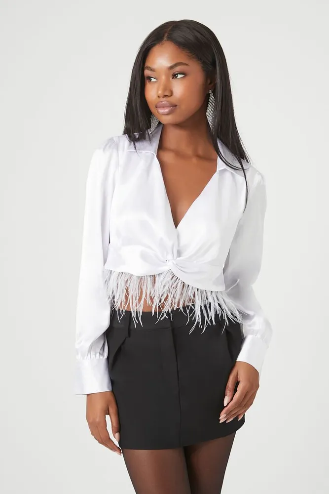 Women's Satin Feather Fringe Crop Top White