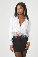 Women's Satin Feather Fringe Crop Top in White Medium