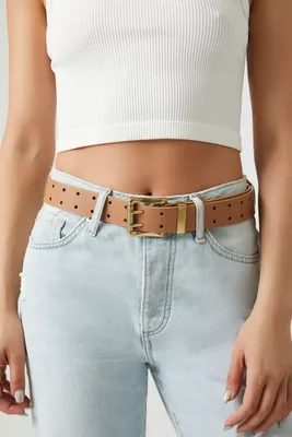 Faux Leather Square-Buckle Belt in Brown/Gold, XS/S