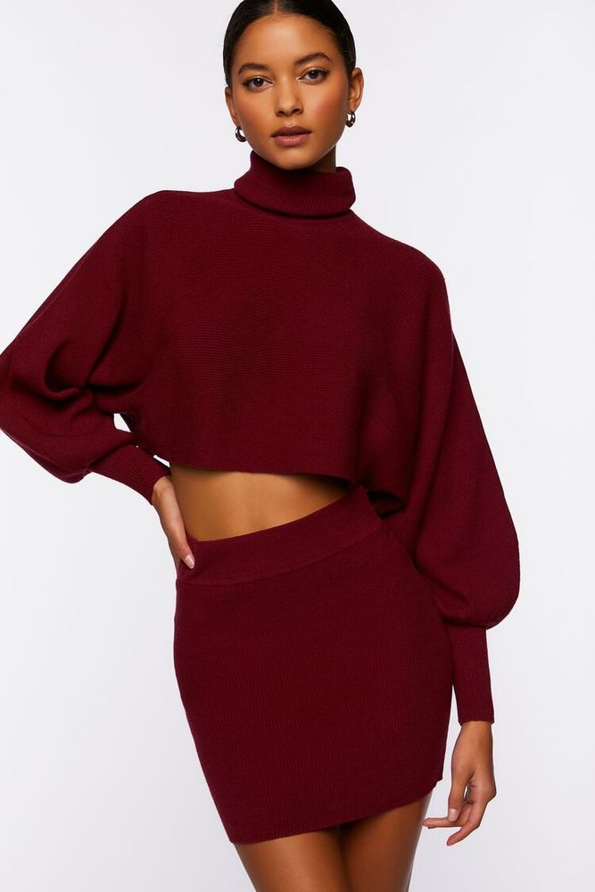 Women's Ribbed Sweater & Mini Skirt Set in Merlot Large