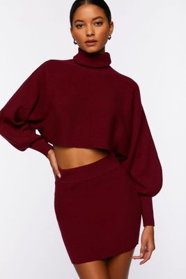 Women's Ribbed Sweater & Mini Skirt Set in Merlot Large