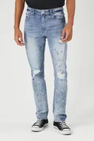 Men Distressed Paint Splatter Jeans in Dark Denim, 32