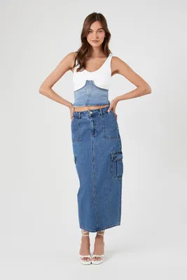 Women's Denim Cargo Midi Skirt in Dark Denim, XS