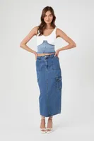 Women's Denim Cargo Midi Skirt in Dark Denim, XS