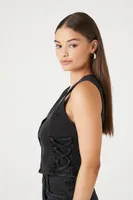 Women's Sleeveless Button-Front Crop Top in Black, XS