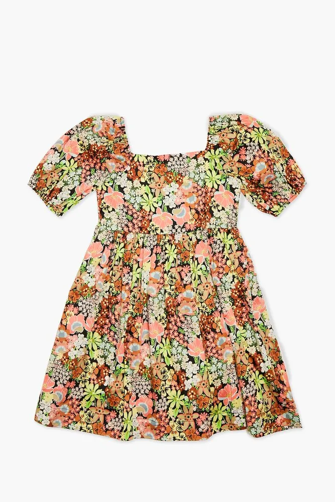 Girls Floral Print Puff-Sleeve Dress (Kids) in Black, 13/14