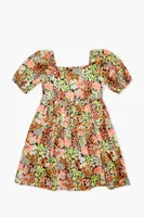 Girls Floral Print Puff-Sleeve Dress (Kids) in Black, 13/14