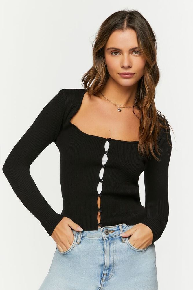 Women's Ribbed Button-Loop Cardigan Sweater in Black Medium