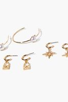 Women's Open-End Hoop & Drop Earring Set in Cream/Gold