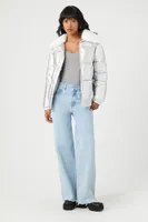 Women's Faux Fur-Trim Metallic Puffer Jacket Silver